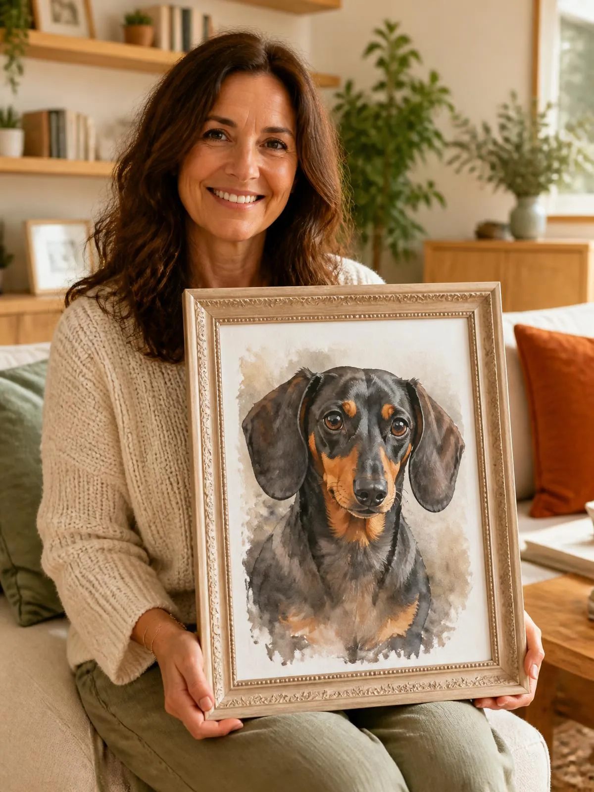 A woman in a cream knit sweater smiling as she holds a large framed watercolour portrait of her dachshund
